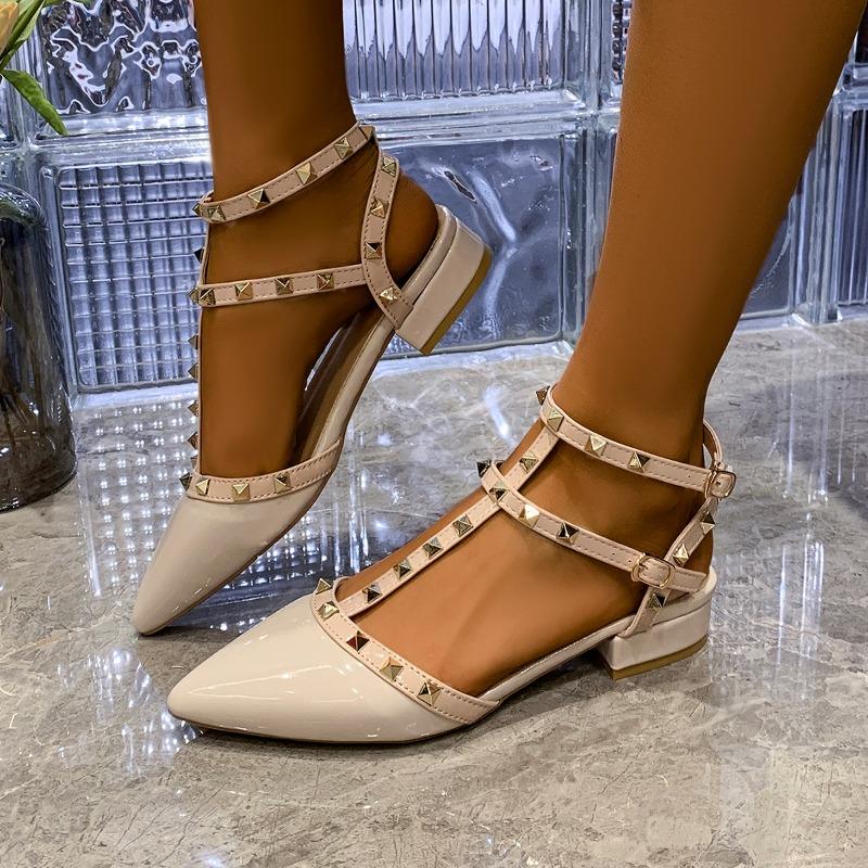 Fashion Low Heel Shoes Spring New Pointed Head Shallow Hollow Rivets with A Line with Anti-slip Wear-resistant Sandals