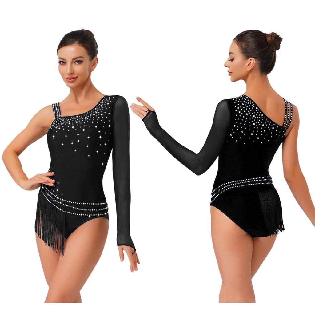 Ladies Glittery Rhinestone Bodysuit Asymmetric Shoulder Tassel Fringe Leotard Gymnastics Figure Skating Wear