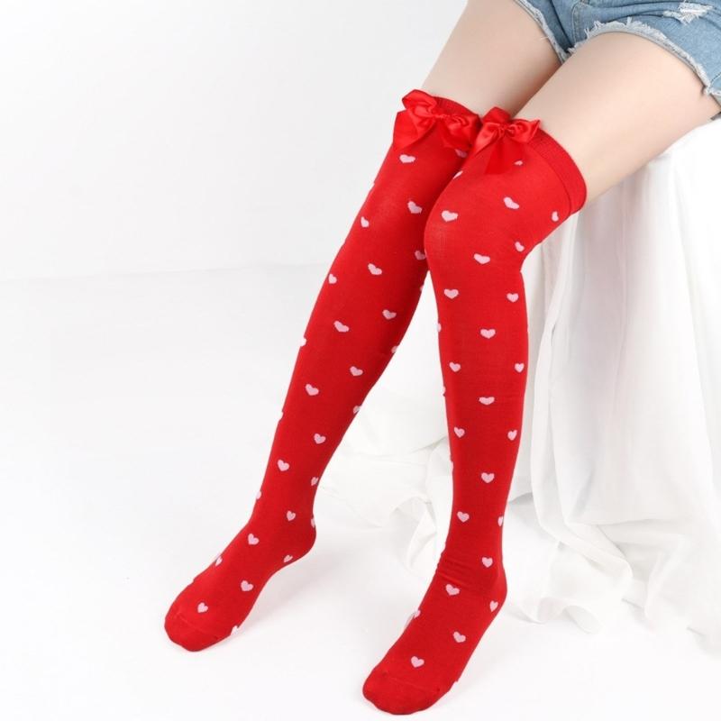 Valentines Day Over Knee Long Socks Cute Bowknots Lip Heart Pattern Thigh High Stockings for Women Parties Casual Wear