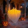 Halloween Party Backdrop Hanging Ghost with Witch Hat, Light Up Spooky Glowing Decoration Outdoor Decor for Porch Tree, Haunted House Scene