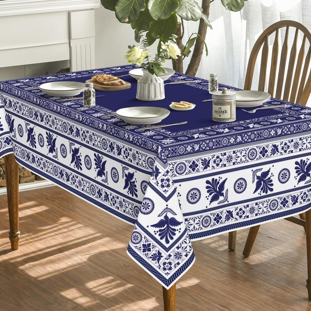 Mexican Floral Birds Rectangle Tablecloths Blue Patchwork Tiles Waterproof Table Cover For Home Party Kitchen Dining Table Decor