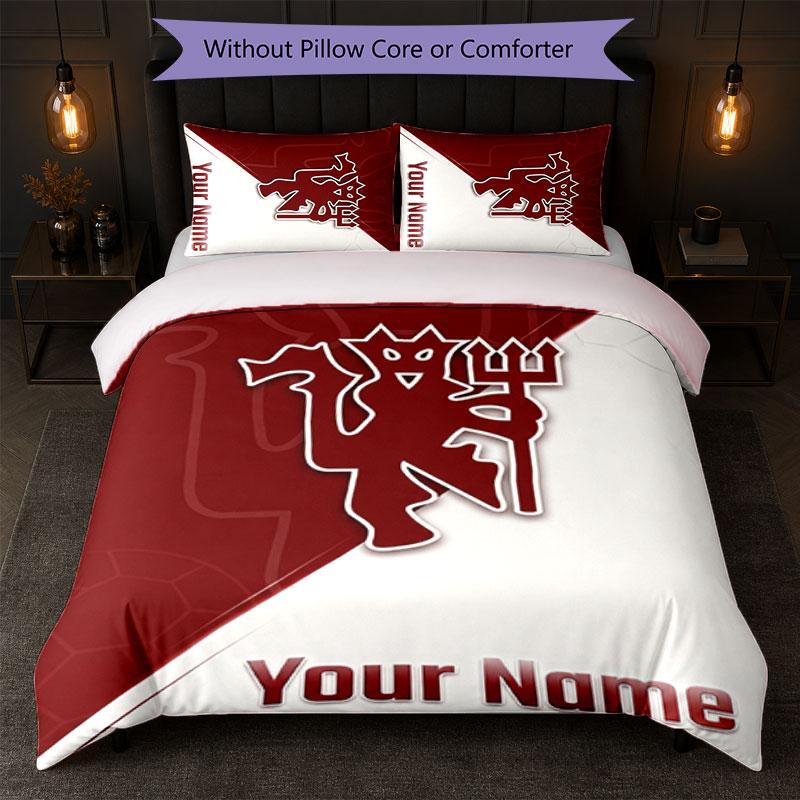 Juego de Ropa de Cama Personalizado Manchester United con Nombre y Texto 1 Funda Nórdica + 2 Fundas de Almohada Logo de Fútbol Regalo Personalizado para Ocasión Especial Decoración de Dormitorio
