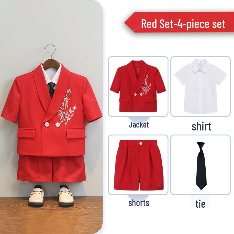Boys' Chinese Style Summer Suit: Short Sleeve Embroidered Set for Weddings