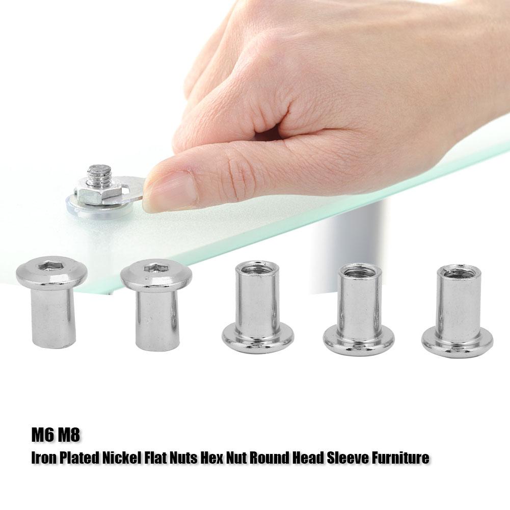Iron Plated Nickel Flat Nuts Hex Nut Round Head Sleeve Furniture (M6*10 50PCS)
