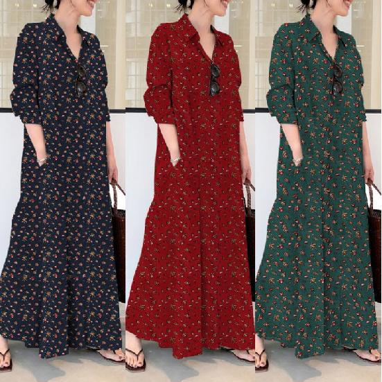 Women Floral Print Maxi Shirt Dress V‑Neck Lapel Long Sleeve Loose Fit Casual Long Dress With Pockets Boho Summer Beach Vacation Ladies Dresses