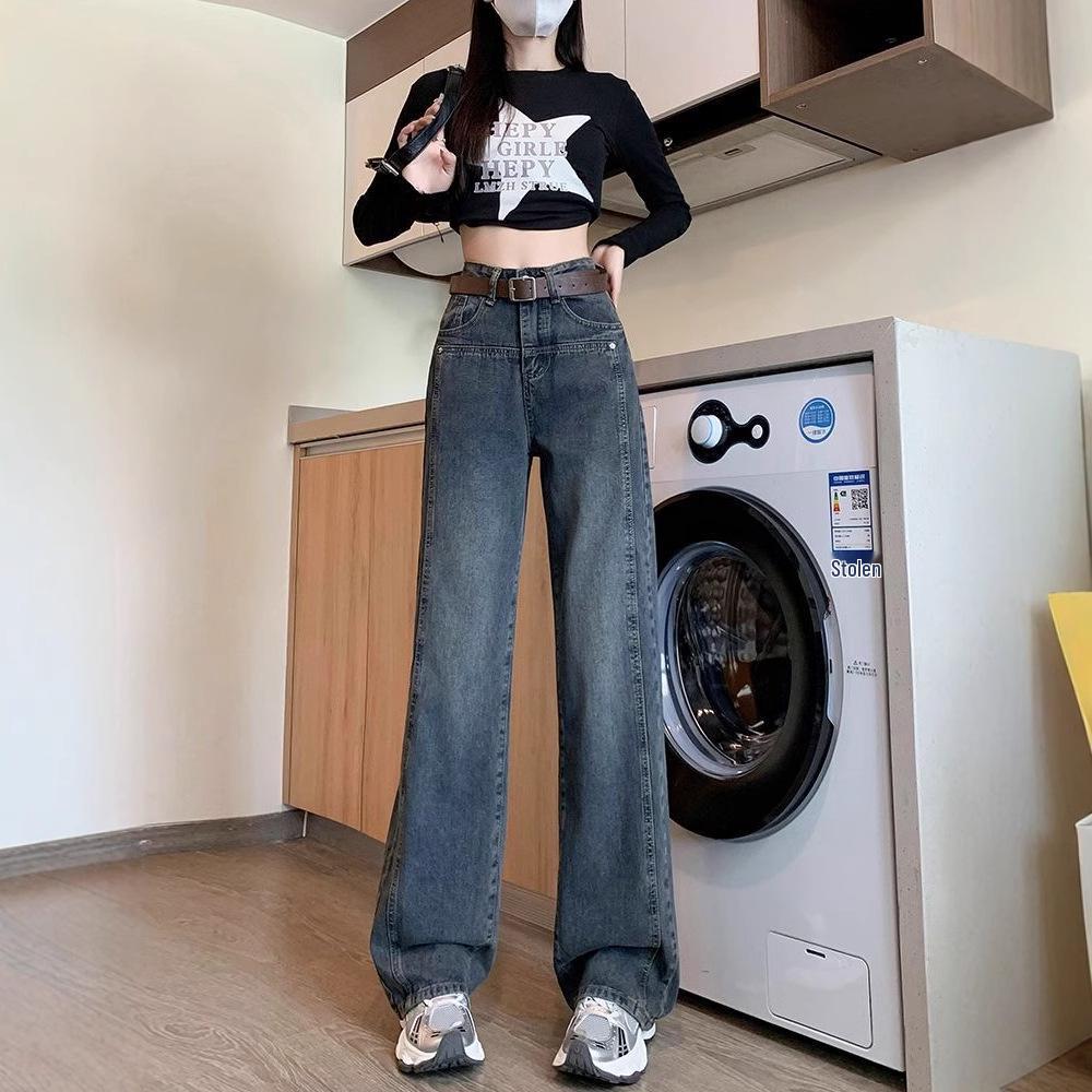 2025 Retro High-Waist Wide-Leg Cement Gray Jeans for Women Double Extra Large