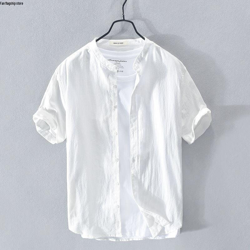Men's Summer Stand Collar Cotton Linen Shirt - White Ice Silk Short Sleeve Polo