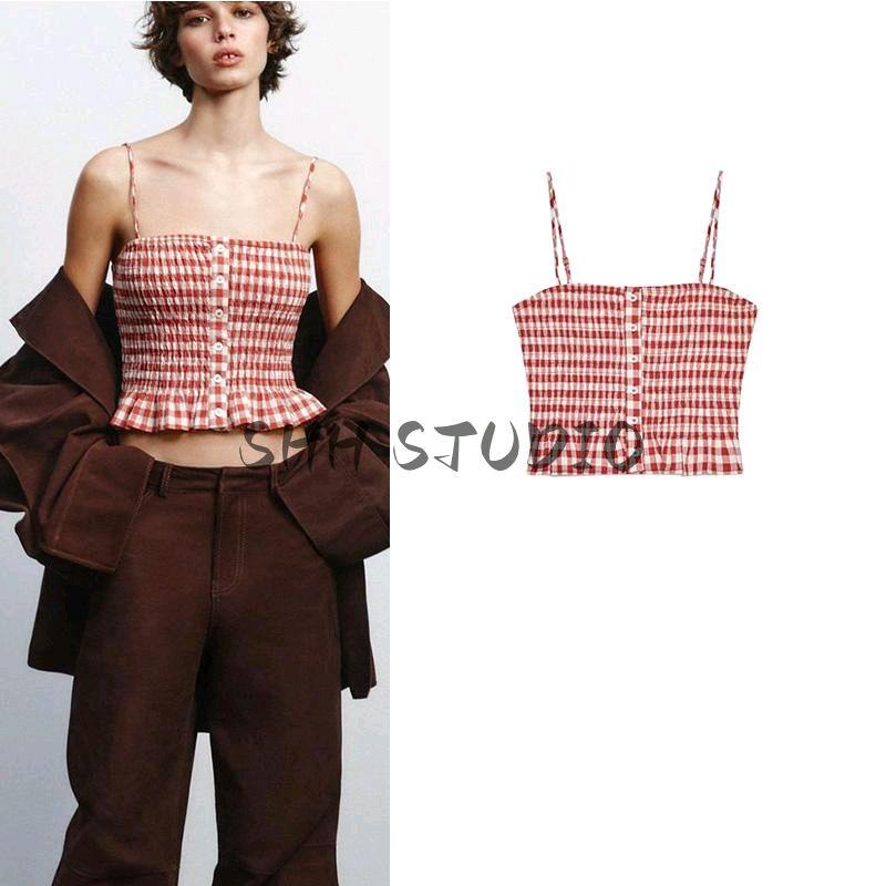 Spring New Women's Clothing French Style Design Easiest for Match Straight Collar Plaid Short Sling Tops 4661078