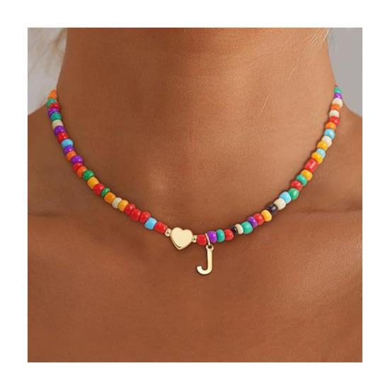 Colier Guler cu Mărgele Femei Colier cu Mărgele Colorate Colier cu Pandantiv cu Inițială Guler cu Inițială în Formă de Inimă Cadou de Ziua de Naștere pentru Fete Soție Prietenă