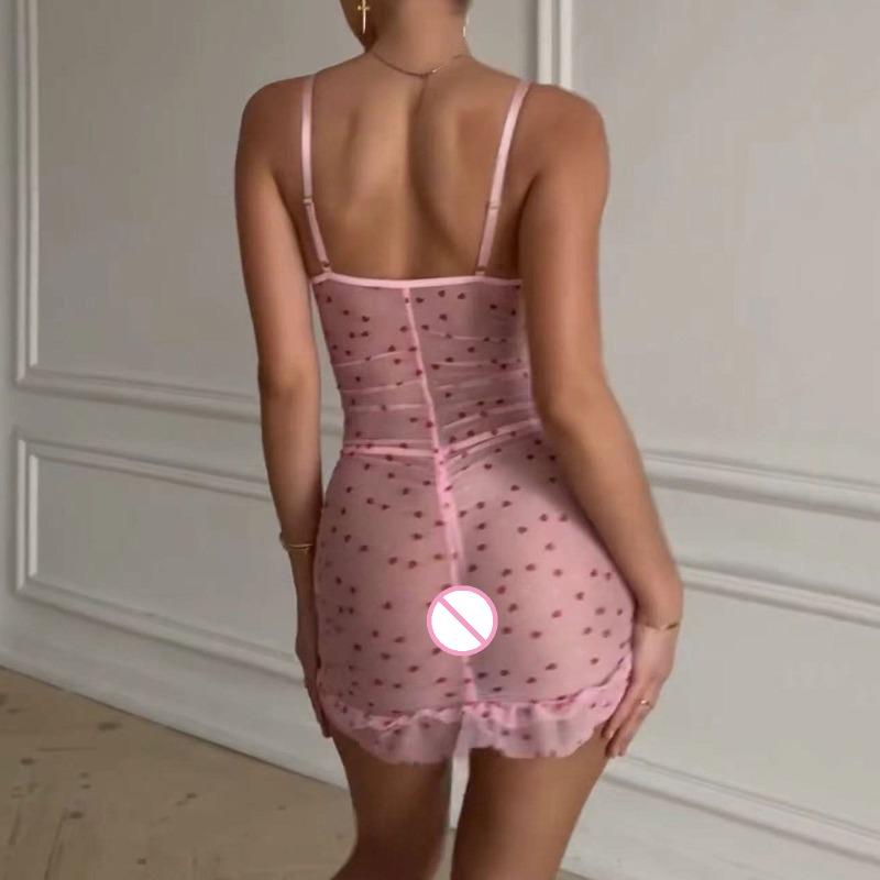 Sexy Mesh Embroidery Lingerie Sets Women Transparent Heart Nightwear Romantic Babydoll Two Pieces Night Dress Thongs Exotic Set
