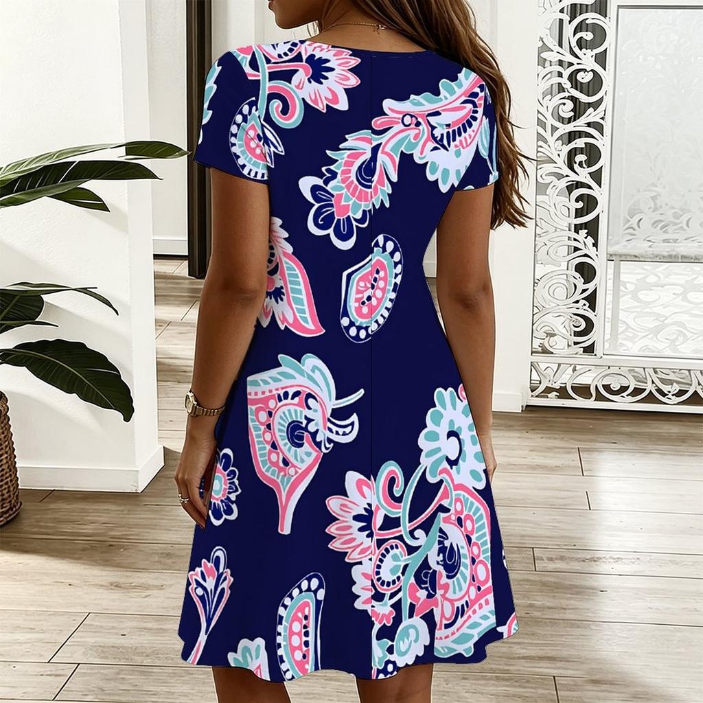Oversized Ladies V Neck Short Sleeve Dress Watercolor Blossom Printed Loose Dress For Spring Outing And Daily Life