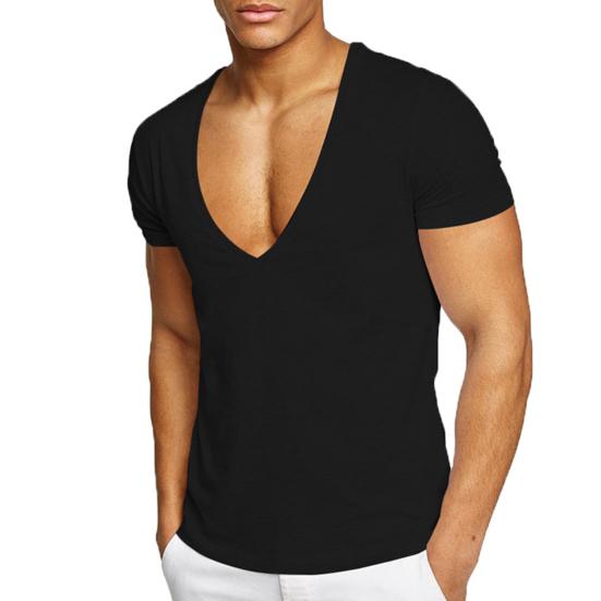 Men T-shirt Deep V Neck Solid Color Slim Fit Pullover Thin Workout Sweat Absorption Mid Length Sports Top Men Clothes