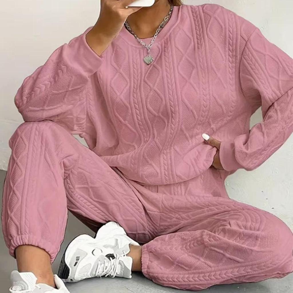 Dames Herfst en Winter Effen Kleur Jacquard Lange Mouw Casual Ronde Hals Sweatshirt en Broek Set