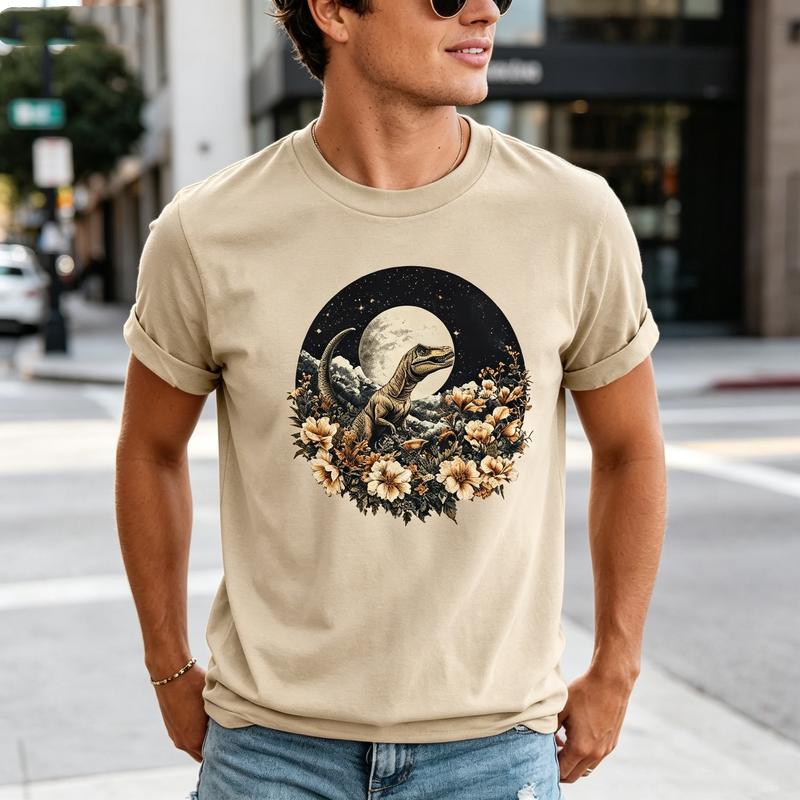 Vintage Floral Dinosaur Graphic Tees for Unisex Unisex Casual Short Sleeve Printed T Shirts Streetwear