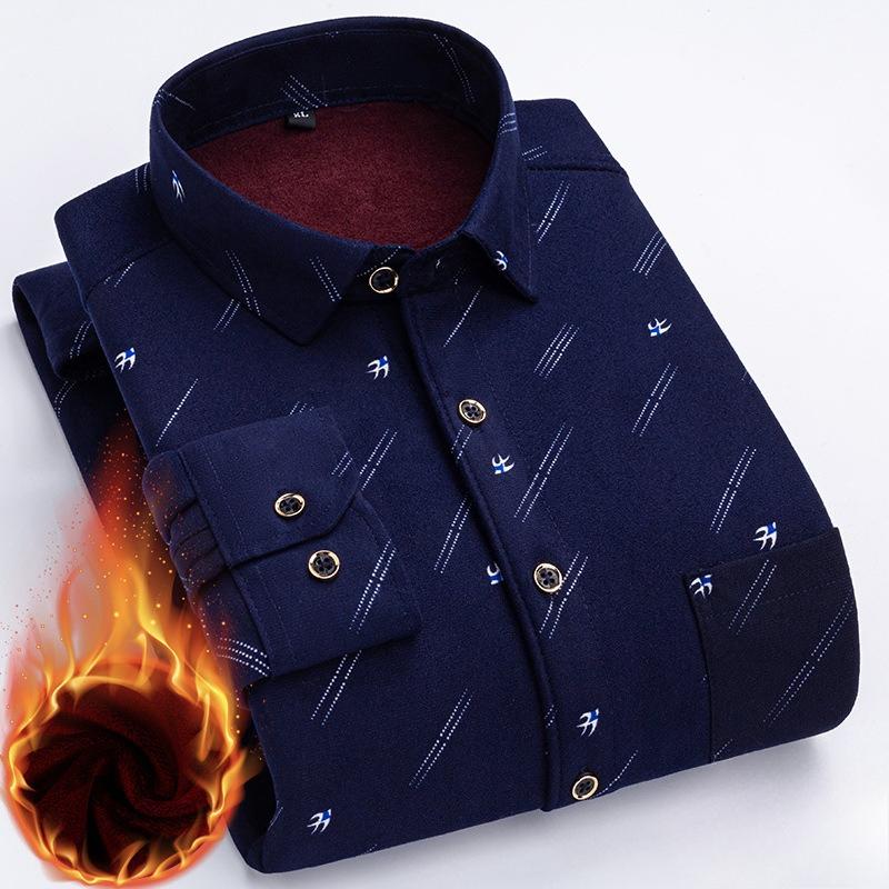 Men's Fleece-Lined Long-Sleeve Shirt Plaid Warm Thickened Shirt for Autumn and Winter