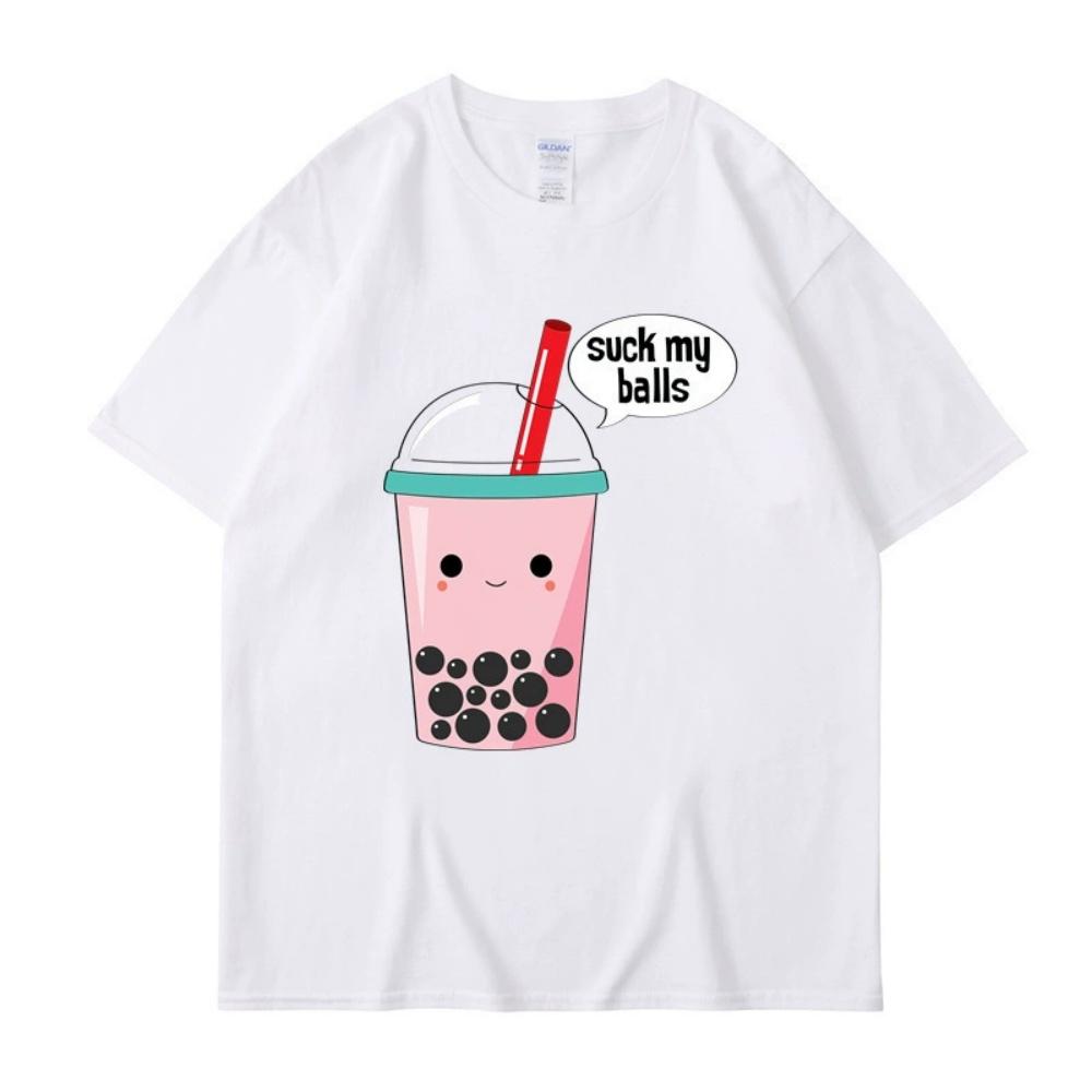 Cute Summer New Cotton Harajuku Unisexs Wounisex Top Fashion Short Sleeve Tshirt Cartoon Milk Tea Print Tops