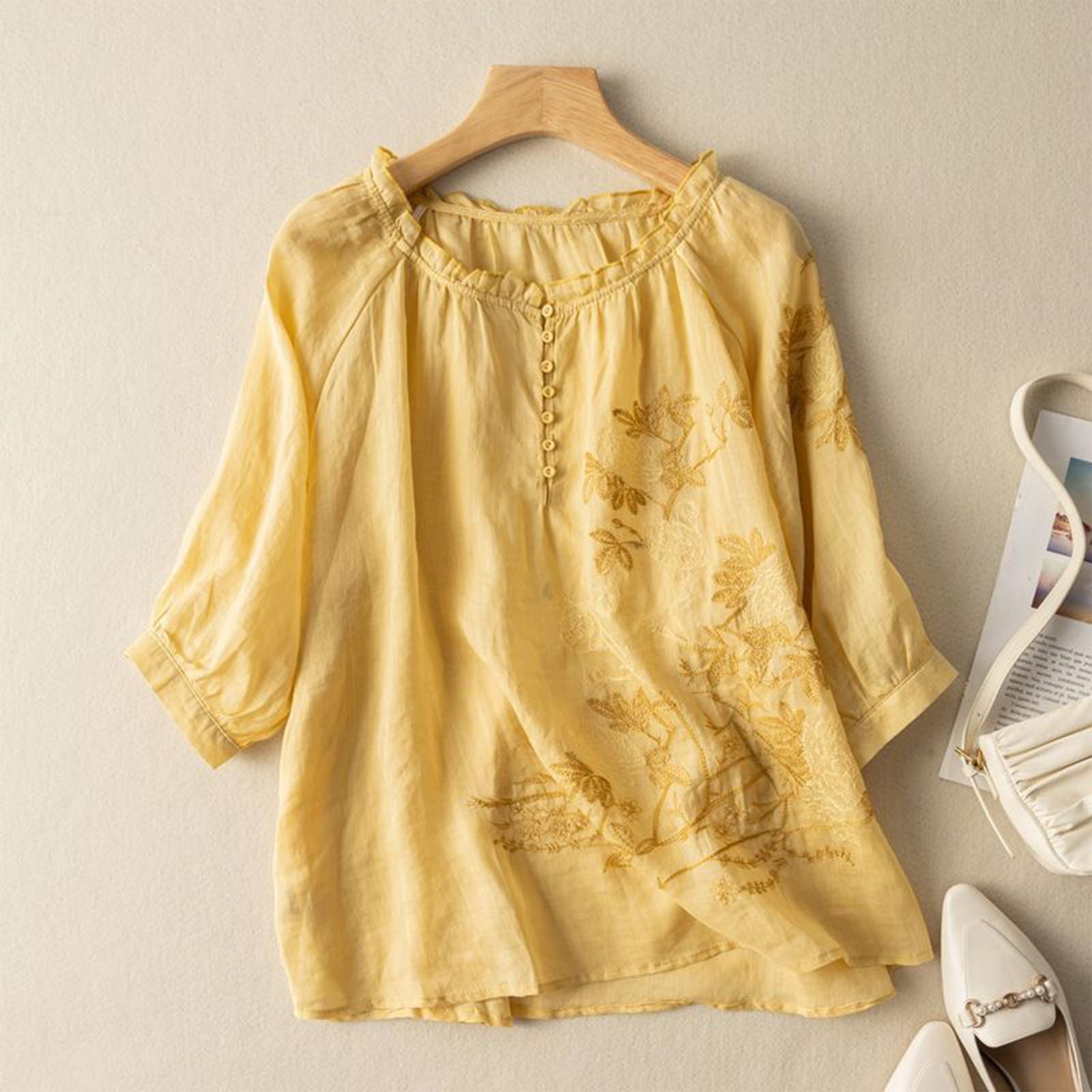 

Women s Casual Fashion Pullover Short Sleeve Round Neck Embroidered Shirt Top XL жовтий