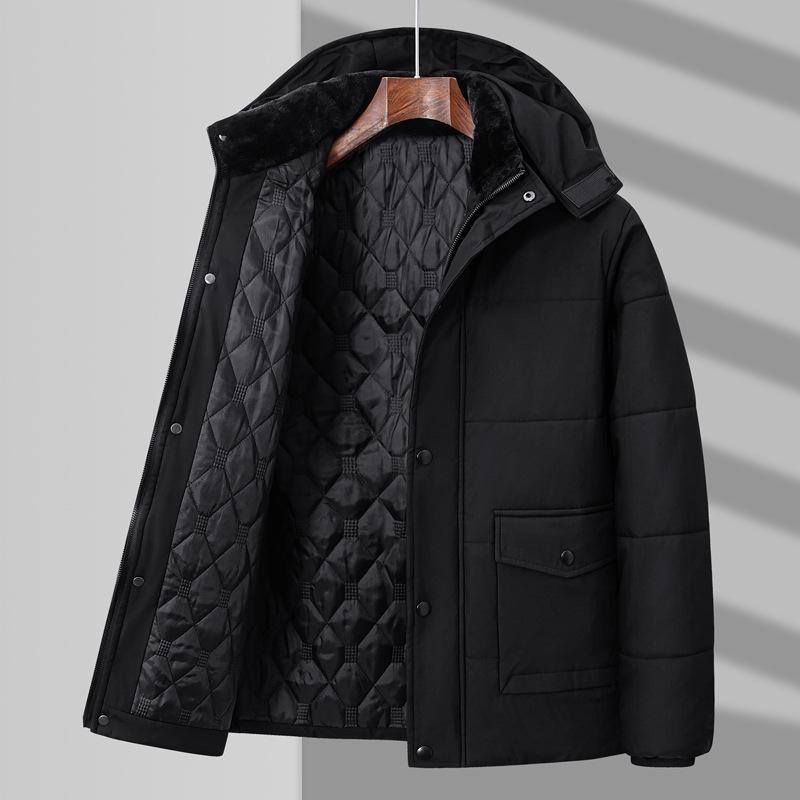Men's Winter Classic Velvet-Lined Mid-Length Coat with Detachable Hood