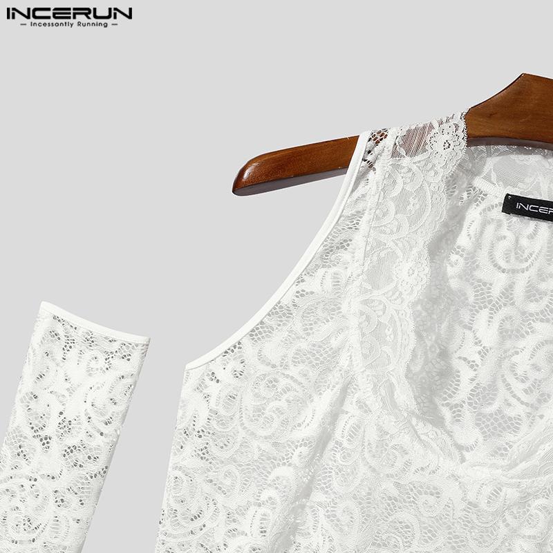 INCERUN Men V Neck Oversleeve Lace See Through Party Club Cropped Tank Tops