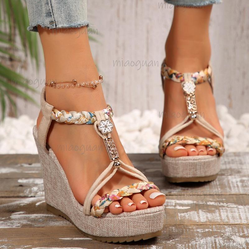 Plus Size 36-43 Wedge Sandals Fashion Open Toe Casual Women's Beach Shoes Chunky Heel Outdoor Summer Slide Sandals Bohemian