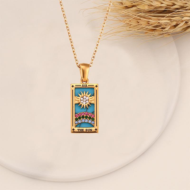 

Vintage Rhinestone Tarot Card Pendant Necklace - Steel & Enamel Steel
