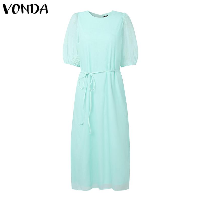 VONDA Damska Okrągły Dekolt Krótki Rękaw Jednolity Casualowa Długa Elegancka Sukienka