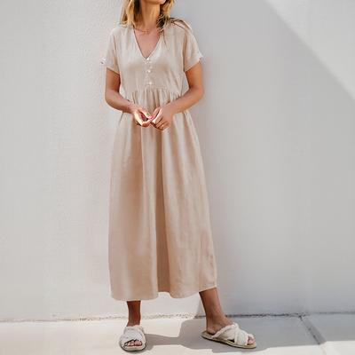 2025 New Home Casual Simple Loose Button Decorated V-neck Solid Color Dress