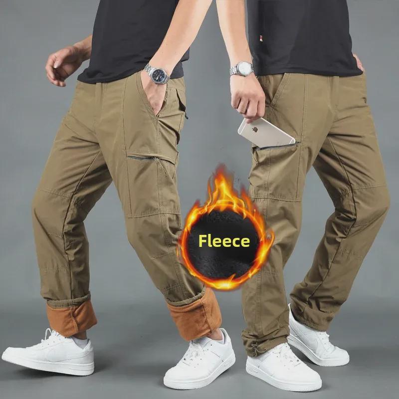 Pánské outdoorové zimní ležérní cargo kalhoty s více kapsami a fleecovou podšívkou
