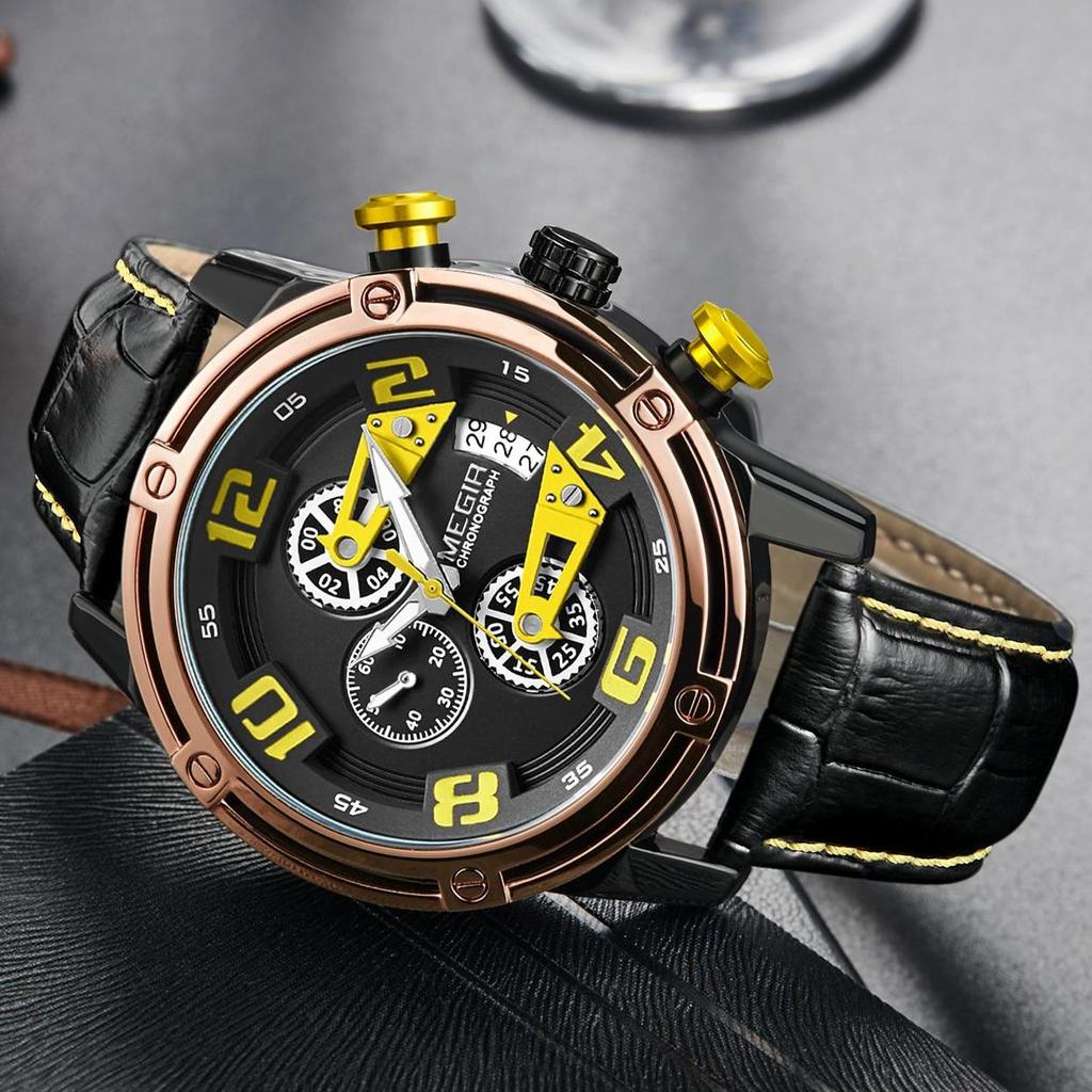 Megir Chronograph Sport Watch Men Leather Strap Creative Quartz Watches Clock Men Military Wristwatch