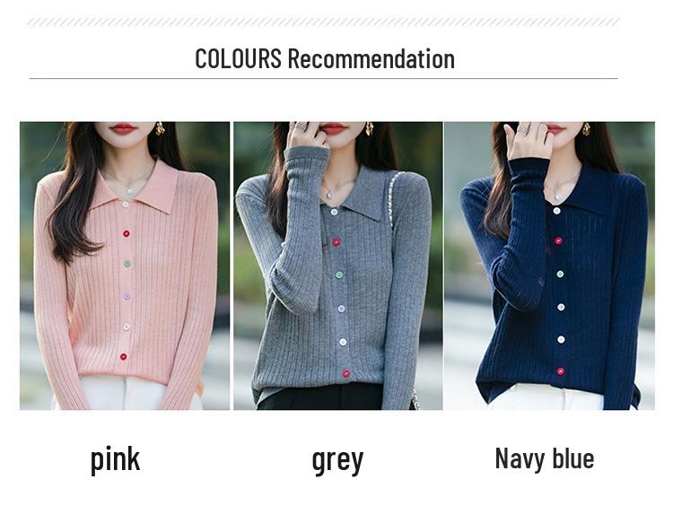 Stylish Women's Polo Collar Knitted Cardigan with Colorful Buttons - Korean Style, Age-Reducing Design.