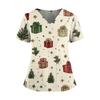 Women's Christmas Print V-Neck Double Pocket Short Sleeves Hem Slit Uniform And Caregiver Top