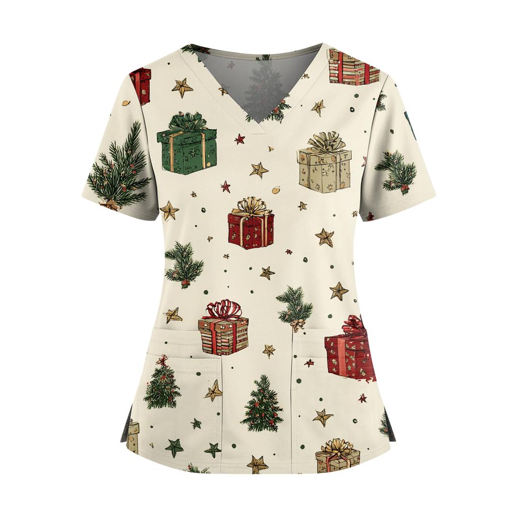 Women's Christmas Print V-Neck Double Pocket Short Sleeves Hem Slit Uniform And Caregiver Top