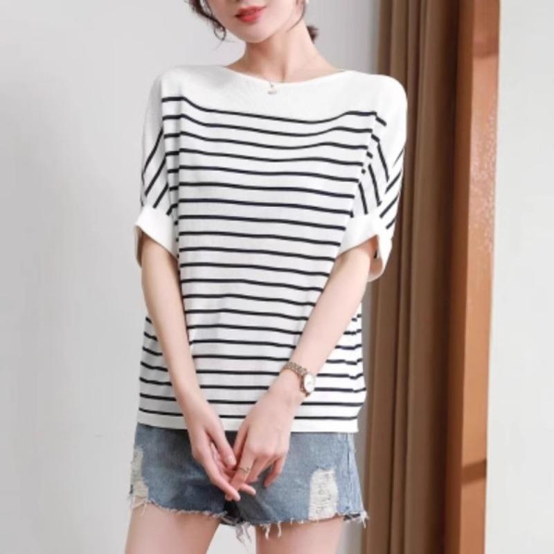 

Summer Women s Ice Silk Short Sleeve Top Loose Thin Striped Pullover Knitted T-shirt S белый