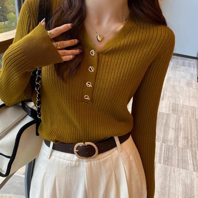 Bottom shirt women's inner spring clothes new v-neck knitted sweater soft waxy sweater long sleeve early spring top