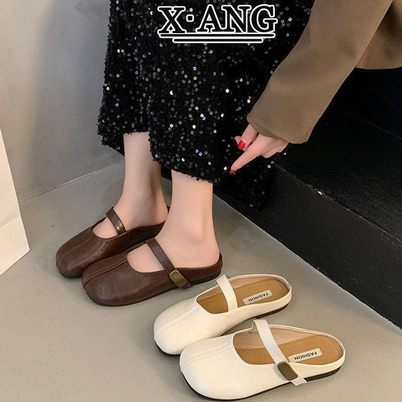 Leather Mary Jane shoes with soft soles are not tired of feet, women's shoes bag head half slippers, summer wear new models with skirts, lazy shoes