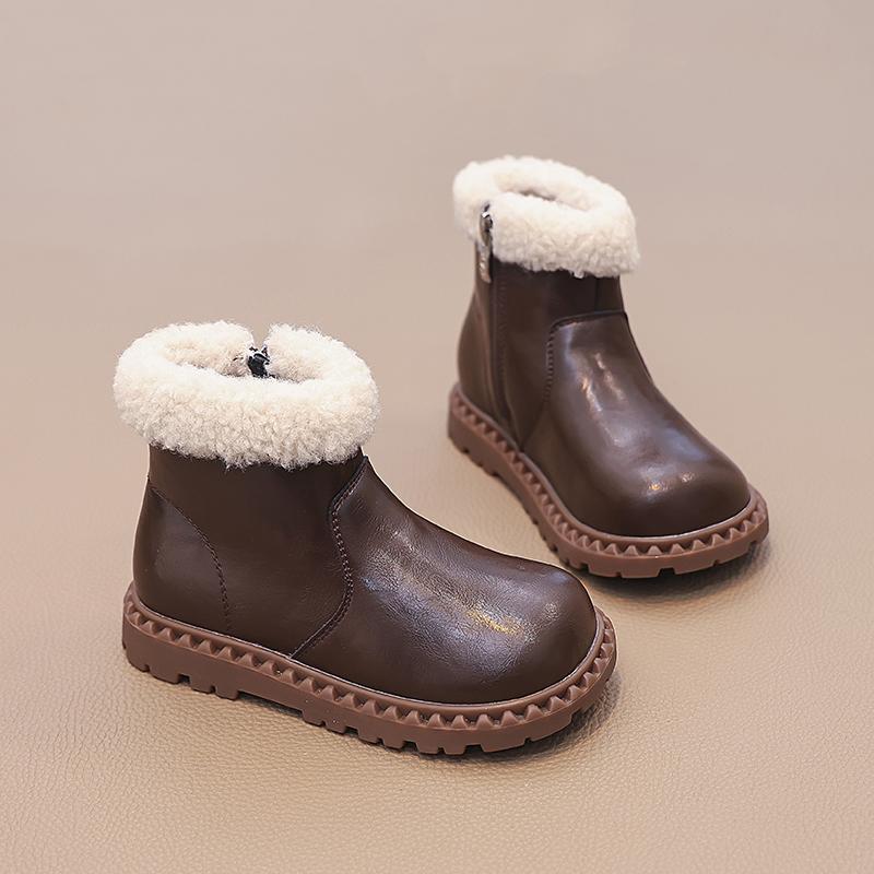Girls Boys Kid's Winter Hightop Leather Cotton Boots Keep Warm Chelsea Snow Bootie Children's Hightcut Platform Shoes with Plush