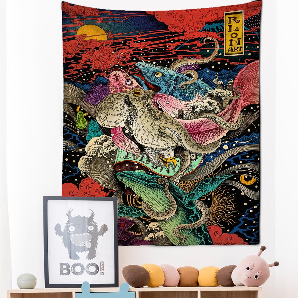 Japanese Illustration Tapestry Wall Hanging Kanagawa Wave Printing Bohemian Hippie Bedroom Home Decor