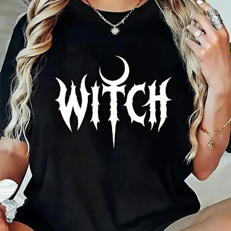 

Women s Witch Graphic Print T-Shirt Black & White Crescent Moon & Bats Design, Loose Fit Short Sleeve Round Neck Casual Tee XS