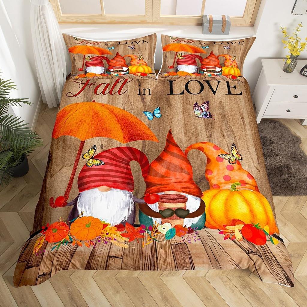 Hapy Thanksgiving Soft Duvet Cover Fal Maple Leaf Beding Set Microfiber Gnome Gold Pumpkin Farm Harvest Warm Comforter Cover Twin King