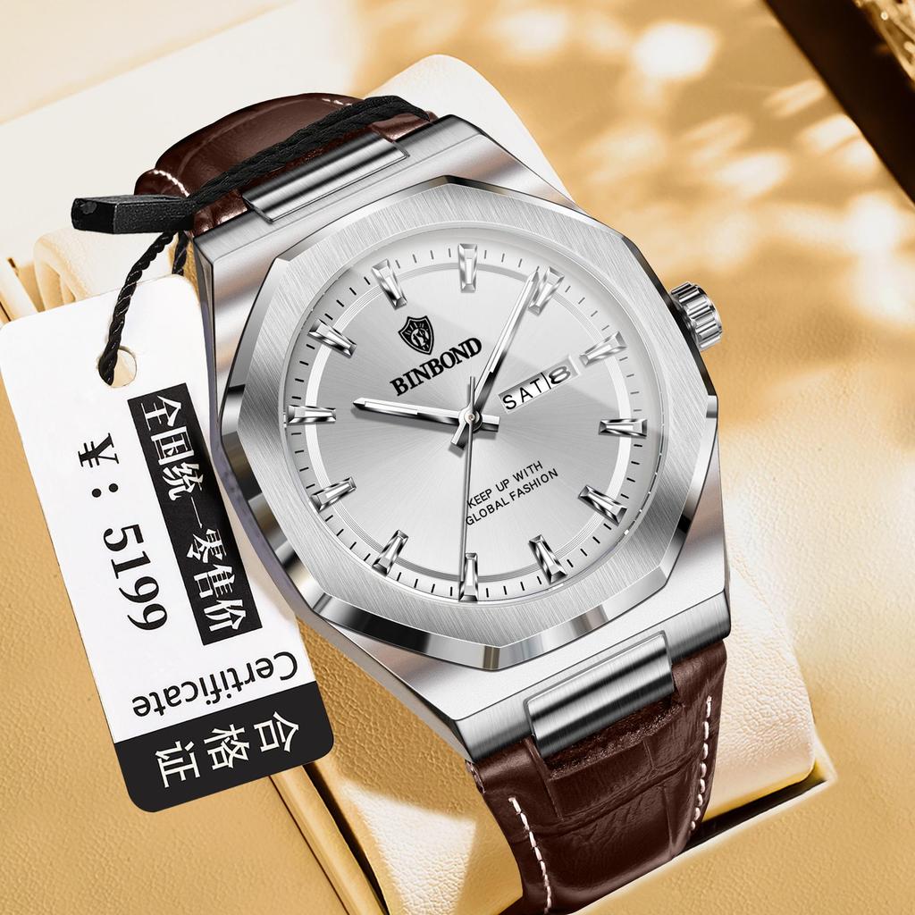 Binbang Men's Luminous Waterproof Quartz Watch with Calendar - Trendy Korean Style