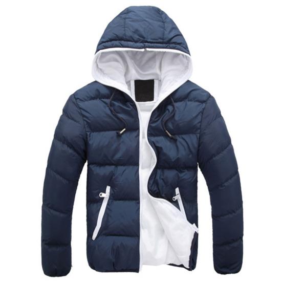 Autumn Winter Men Color Block Zipper Warm Cotton Coat Casual Hooded Down Jacket