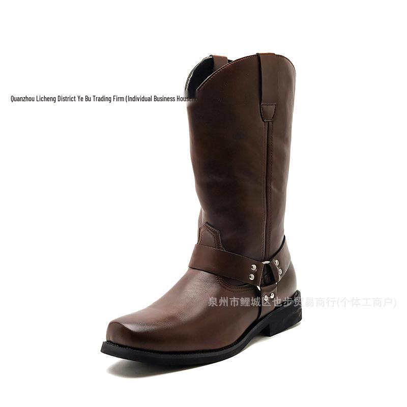 Bottes western en cuir pour homme, mi-mollet, automne, à brides croisées, bout carré, grande taille, chaussures décontractées montantes