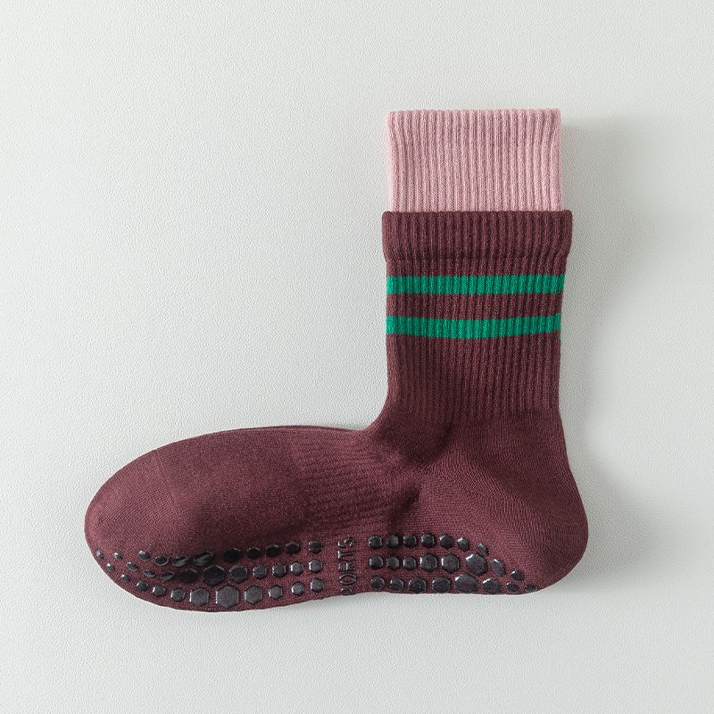 

Летние носки для йоги из чистого хлопка с двумя полосками, детские нескользящие носки для пилатеса, для фитнес-зала, с двойной резинкой, бесшовные спортивные носки, модные Purple Red(2 pairs)