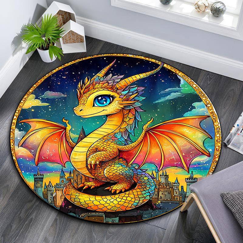 Fantasy Dragon Castle Round Area Rug,Carpet Rug for Living Room Bedroom Sofa Playroom Decor,Non-slip Floor Mat