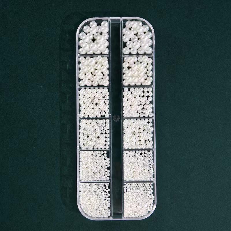 24-Grid Nail Art Pearl Rhinestones: Half & Full Round Off White and Pure White Mix