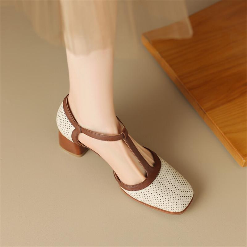 Fashion 2025 New Summer Sandals Square Toe Chunky Heel Hollow Out Sandals for Women French Retro Women Sandals Mixed Color Ladies Shoes