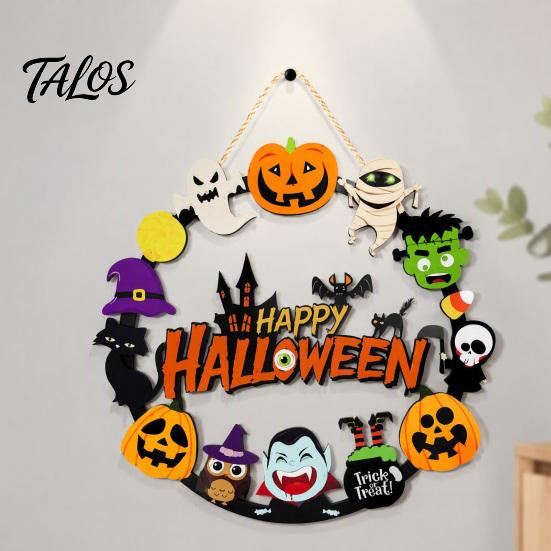 Indoor Outdoor Porch Decorations Halloween Wooden Hanging Sign, Pumpkin Ghost And Witch Elements Decor, Rustic Holiday Wall Sign Style for Front Door