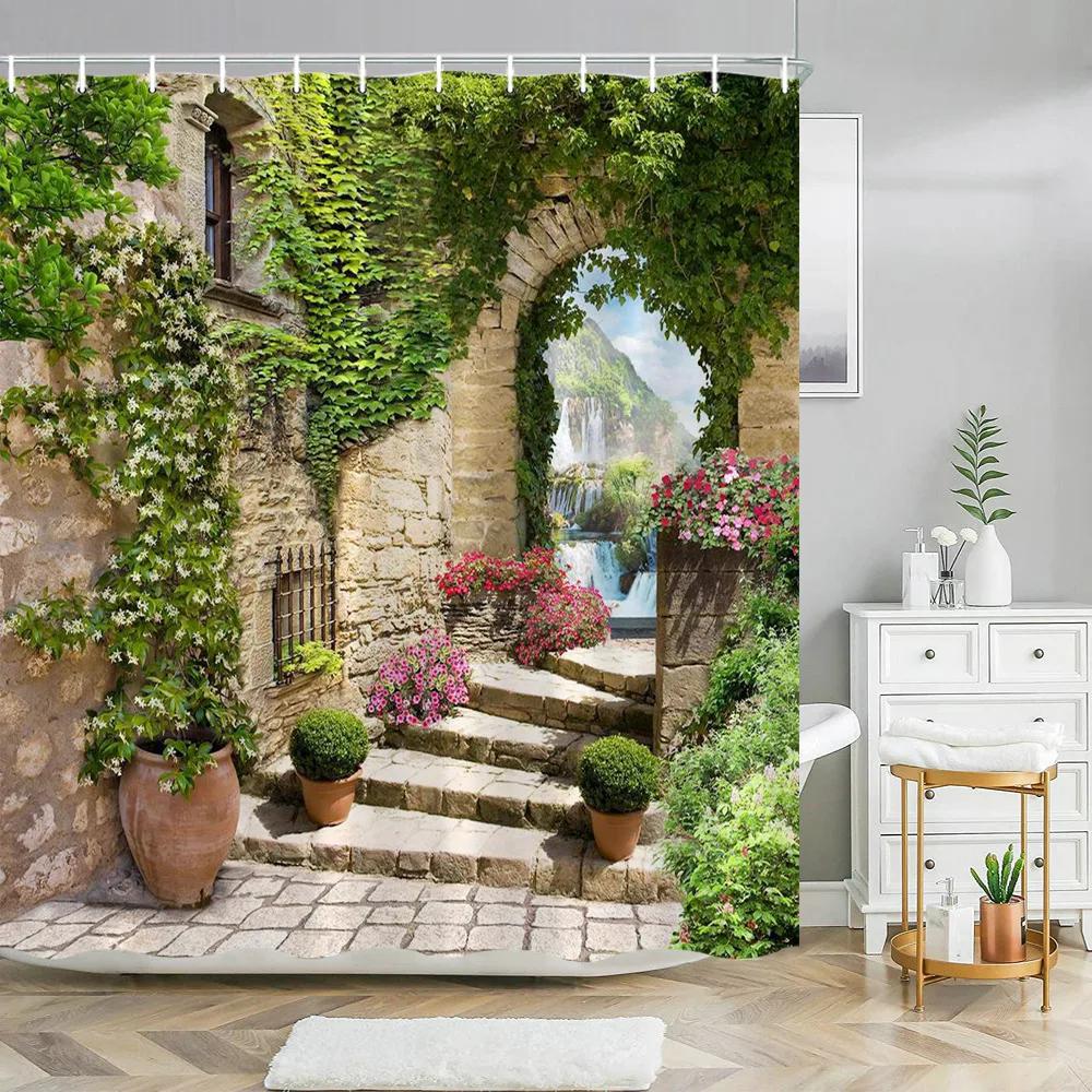 Greek Town Street View Shower Curtain Blue Wooden Doors Windows Flower Plant Wall Decor Bathroom Hanging Curtains Set With Hooks
