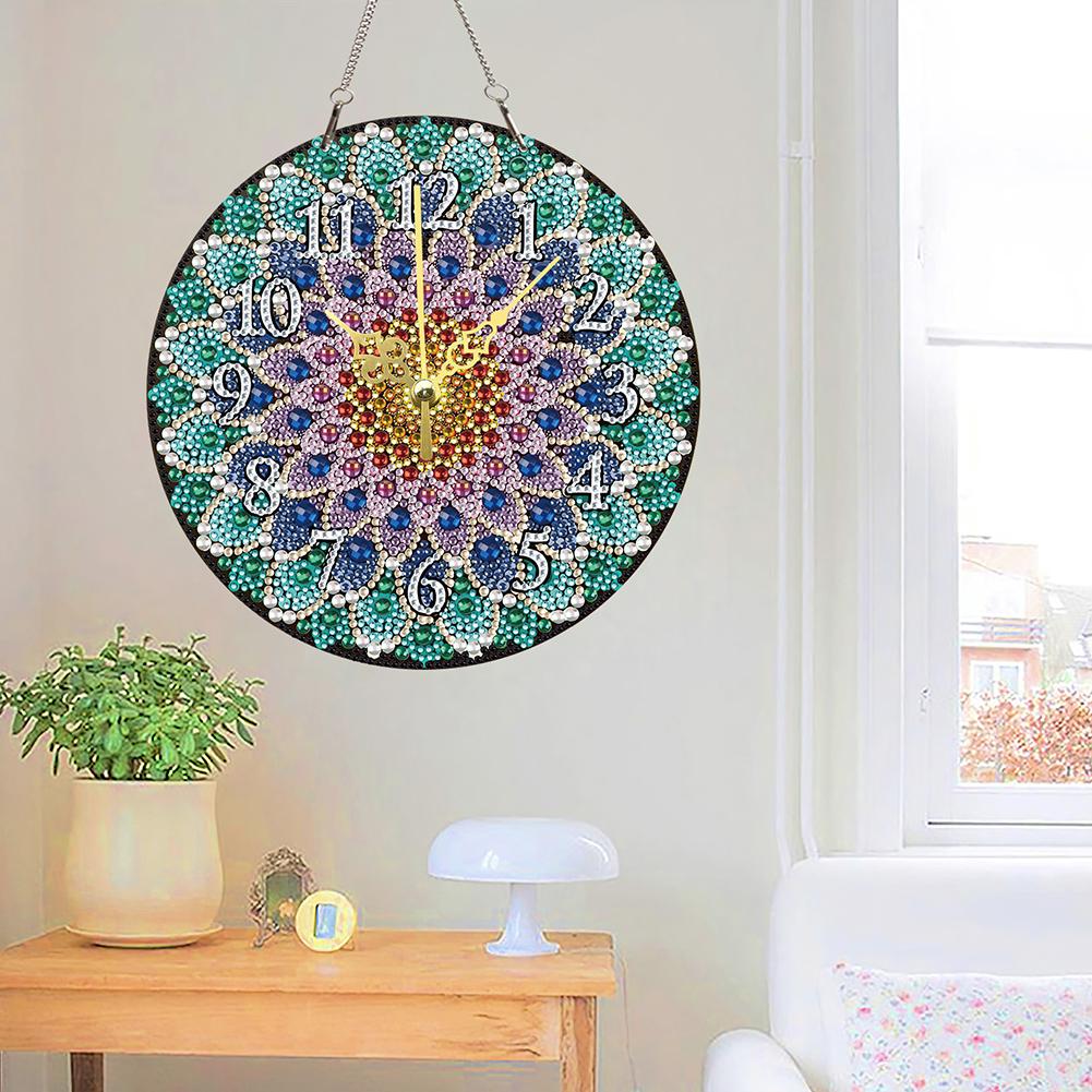 2D Flat DIY Mandala Wooden Diamond Painting Ornament with Clock Function Diamond Painting Clock Pendant for Home Decoration