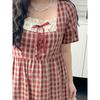 Plus size women clothing [Idyllic Dream] Chubby Girl Slimming Red Plaid Dress Lace Stitching Cherry Floral Dress